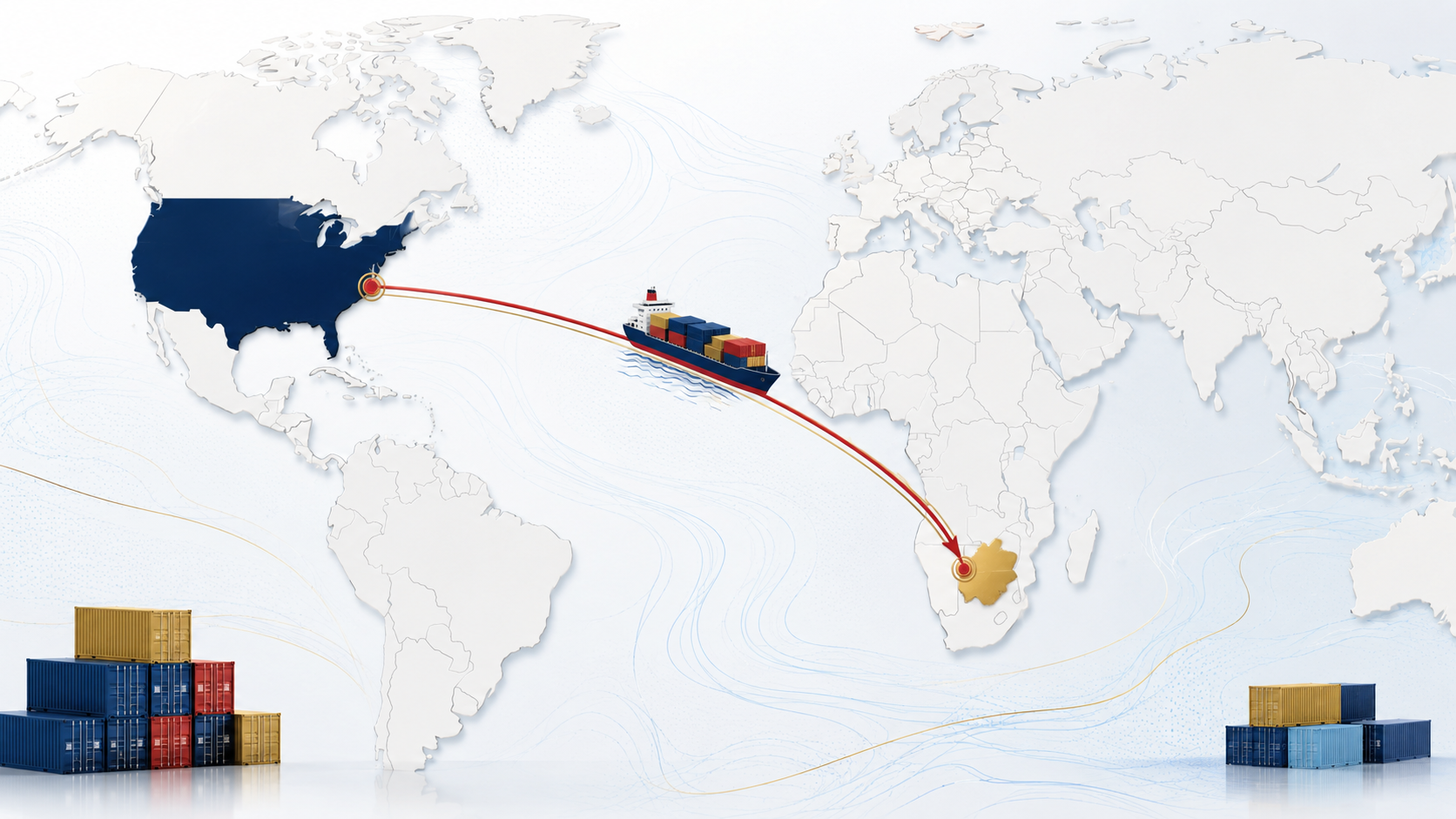 Illustrated shipping route connecting the United States and Botswana